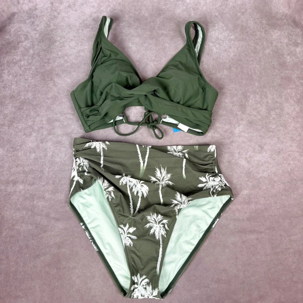Cupshe Olive Green Palm Tree Print High Waisted Bikini Set Twist Front Lace Up M